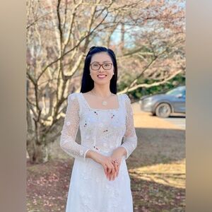 Ao dai white ren lace Vietnamese women’s traditional long dress set 2 m puff 🎁